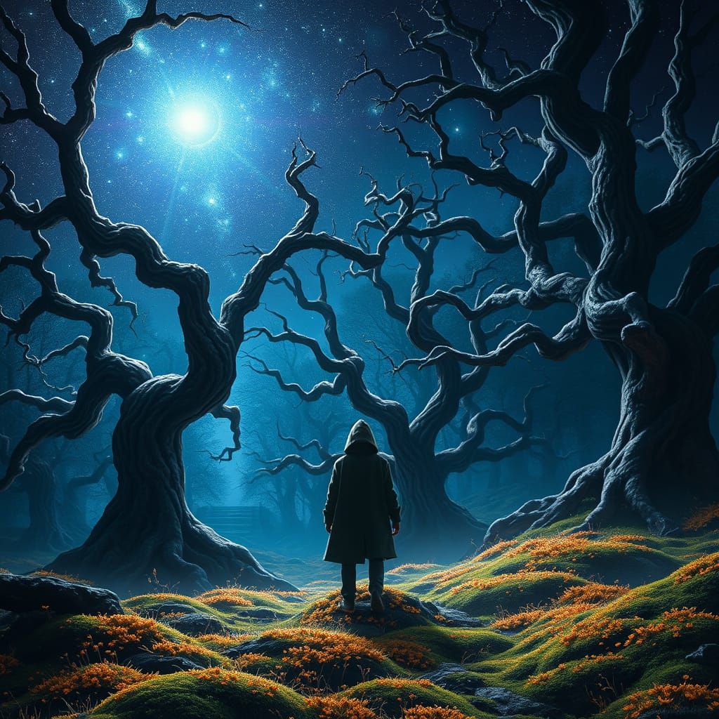 A Lone Figure in a Mystical Forest Under a Star-Filled Night...