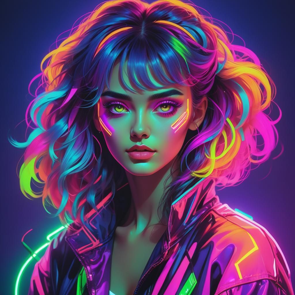 Girl's Portrait with Neon Glow in Synthwave Style