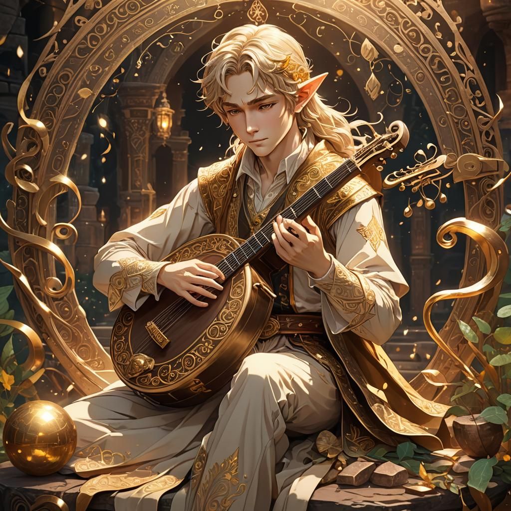 Handsome Elf Plays Magical Instrument in Anime Style