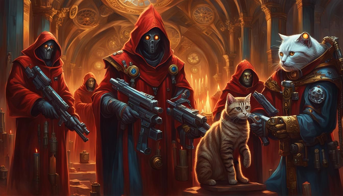 Tech Priests Consecrate Cyborg: Gothic Oil Painting