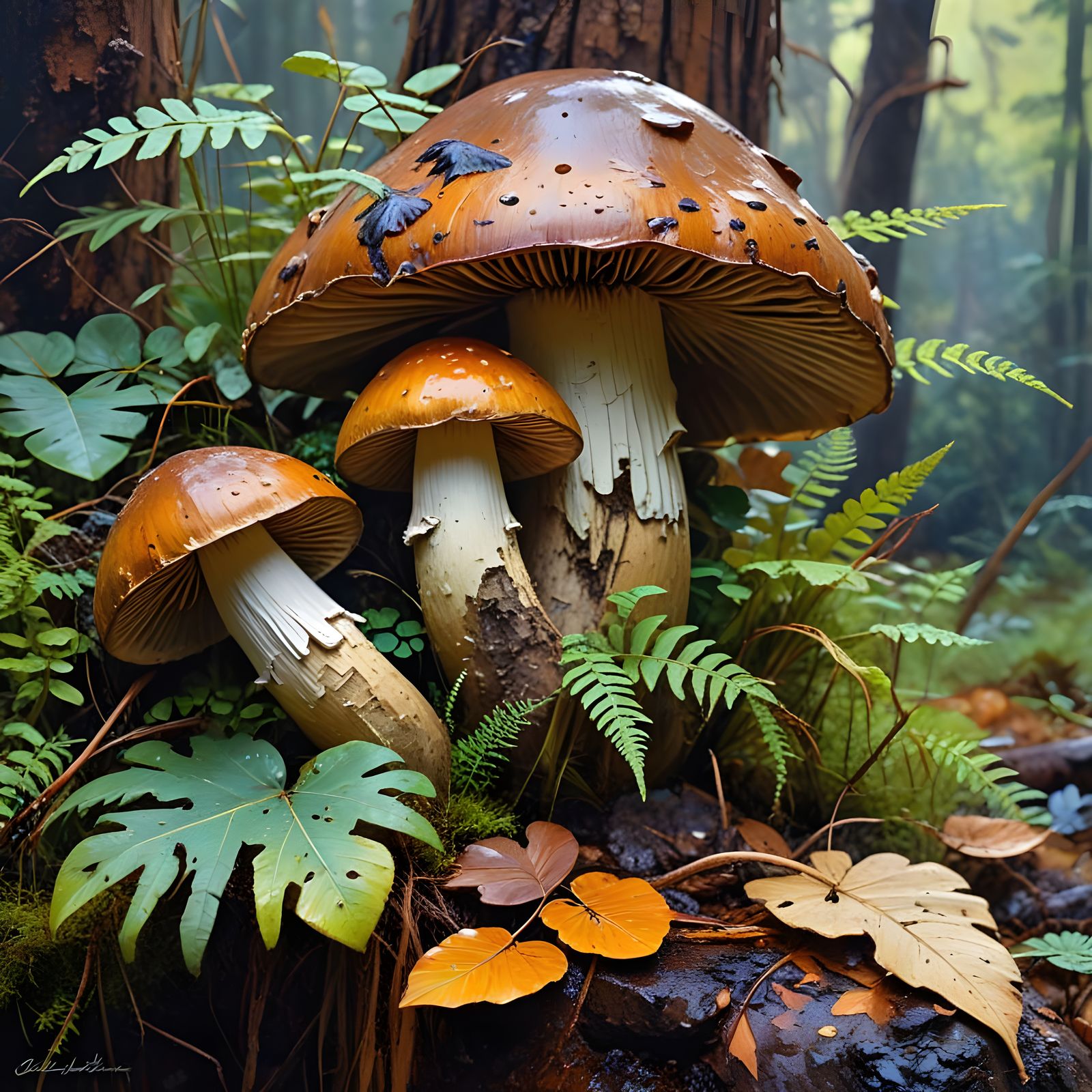 Mystical Forest Fungi in Impressionist Oil-Guache