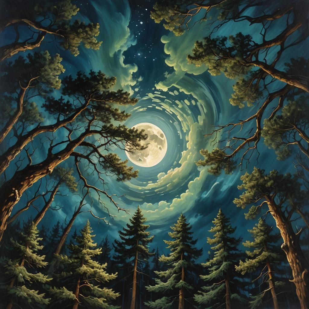 Moonlit Forest: A Surreal Oil Painting