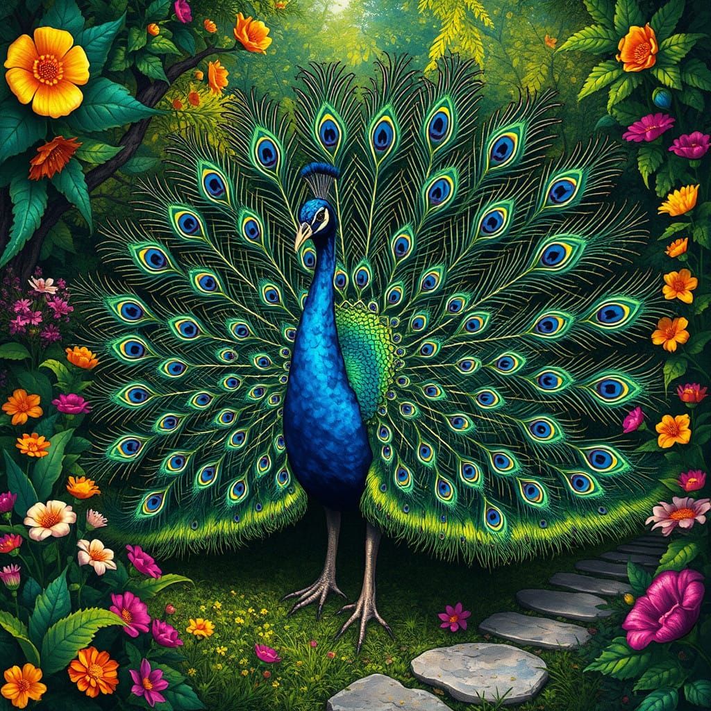 Vibrant Garden Scene with Majestic Peacock in Whimsical Styl...