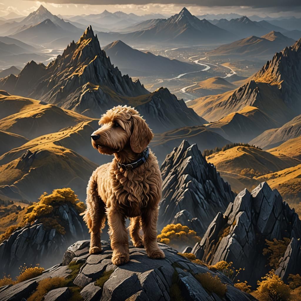 Golden Doodle on Mountain: Detailed Matte Painting