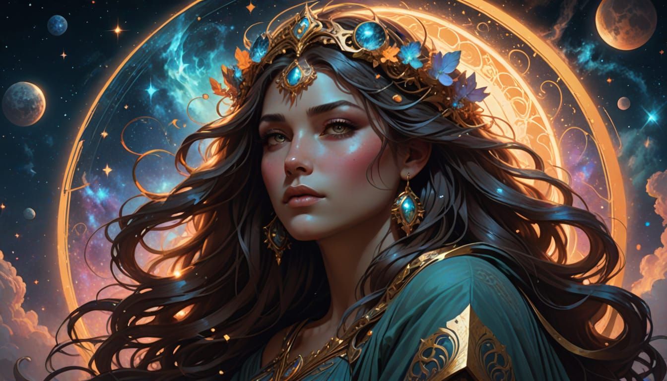 Celestial Goddess Reclining on Crescent Moon in Nebula