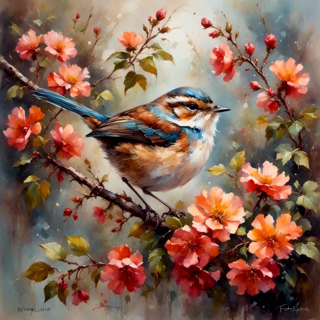 sweet little wren on a flowered branch