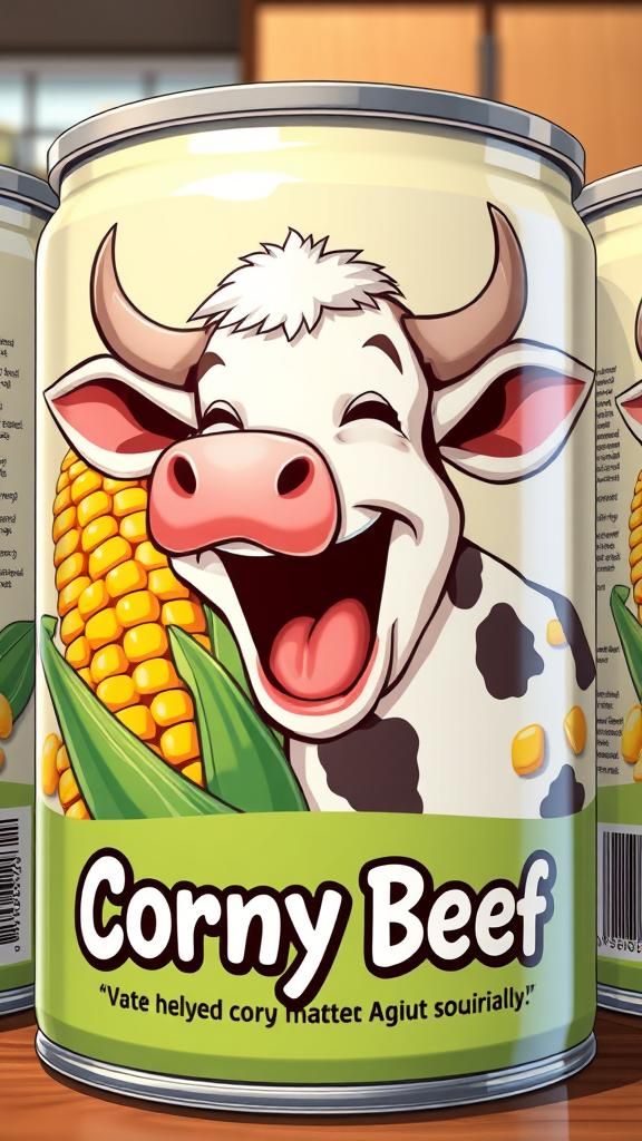 Humorous Anime-Style "Corny Beef" Can Design