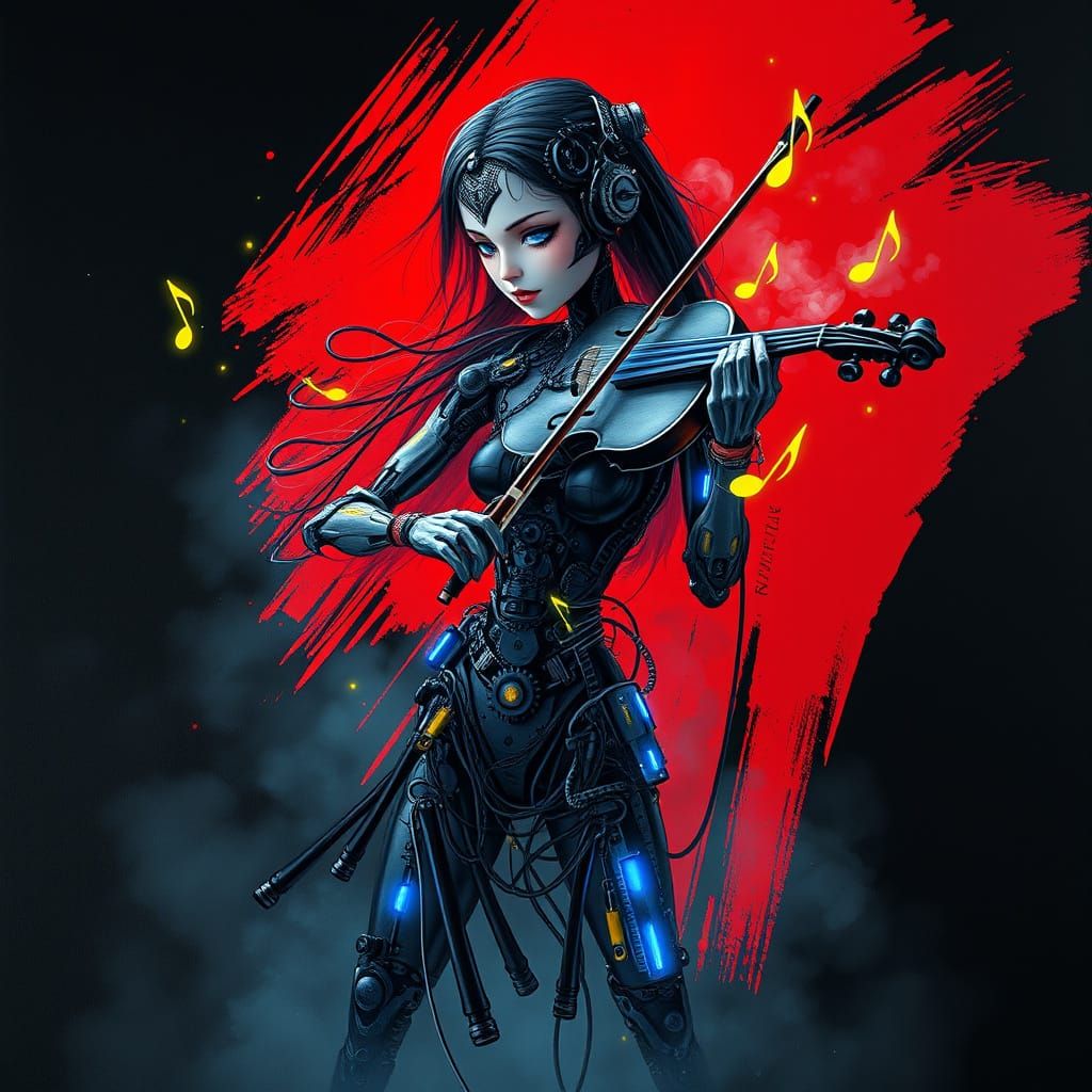 Cyberpunk Cybernetic Doll Plays Electric Violin in Neon Drea...