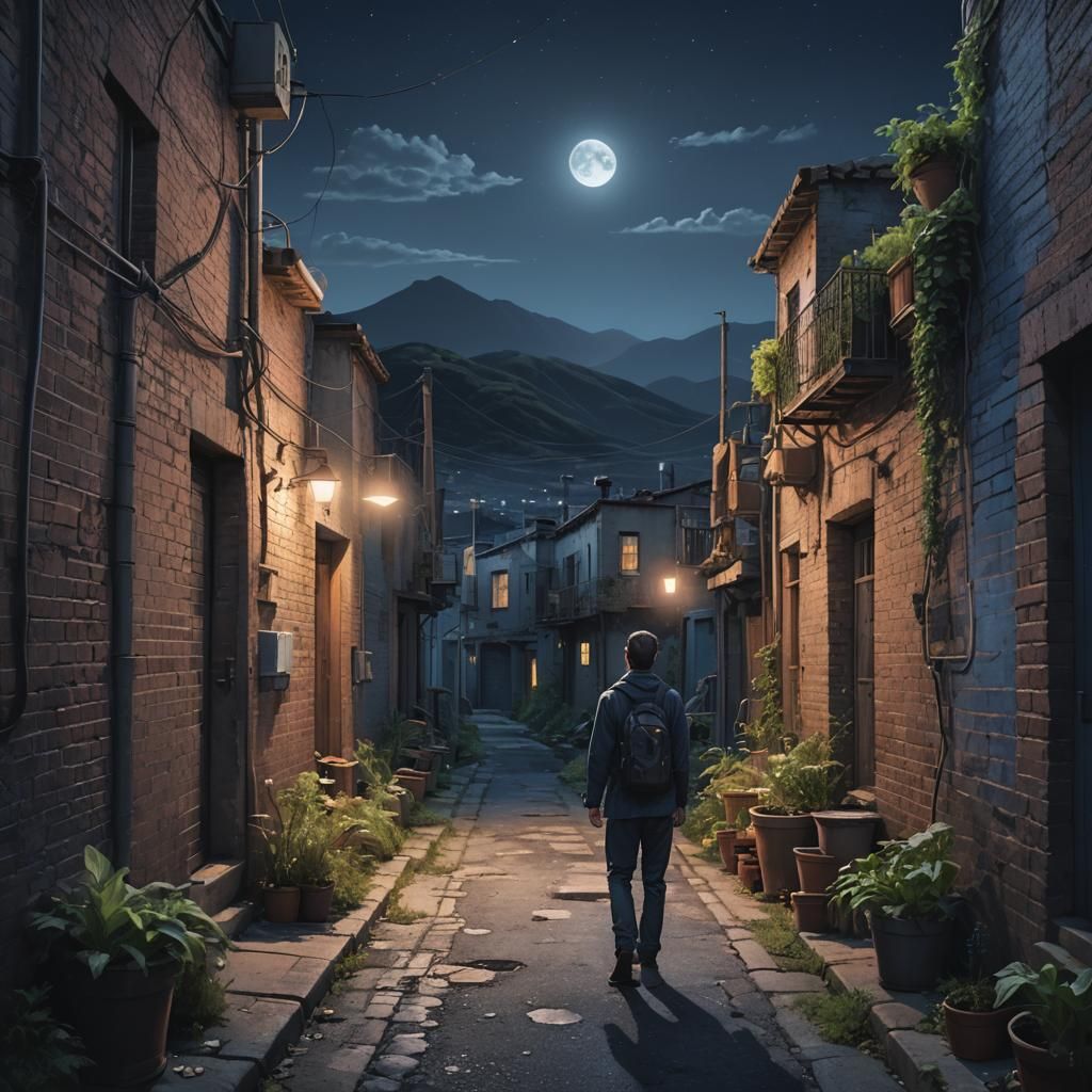 Night Traveler in Dark Alley Digital Illustration