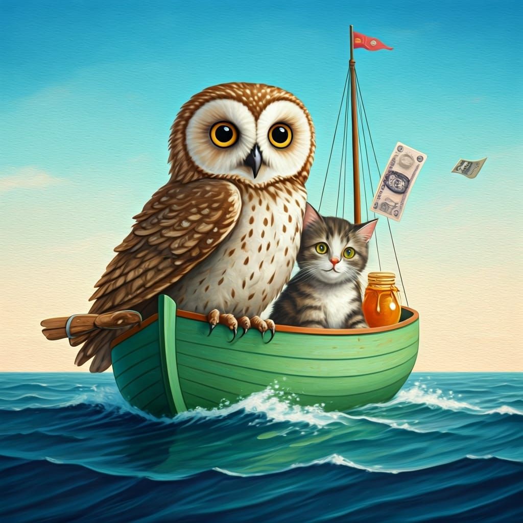 Owl and Cat's Sea Adventure in Picture Book Style