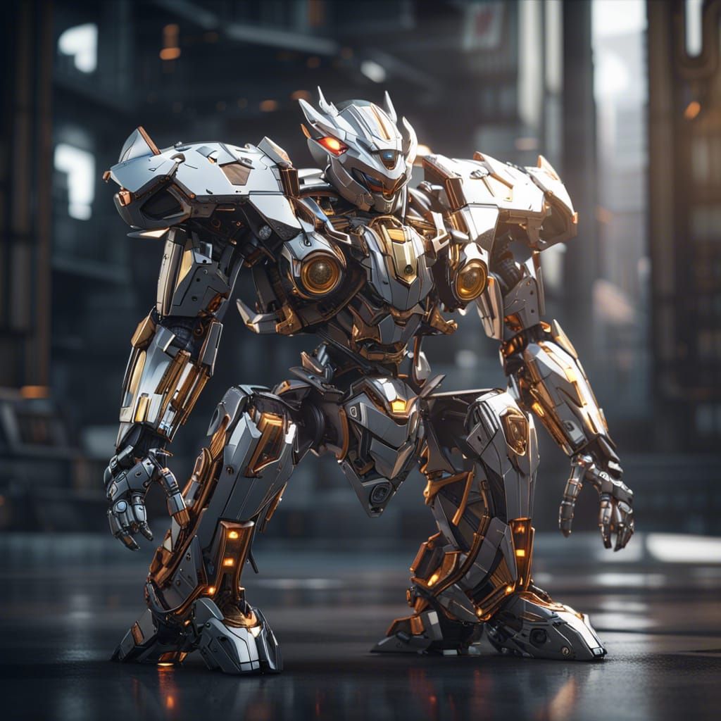 Futuristic Omnimon Mech in Sci-Fi Setting