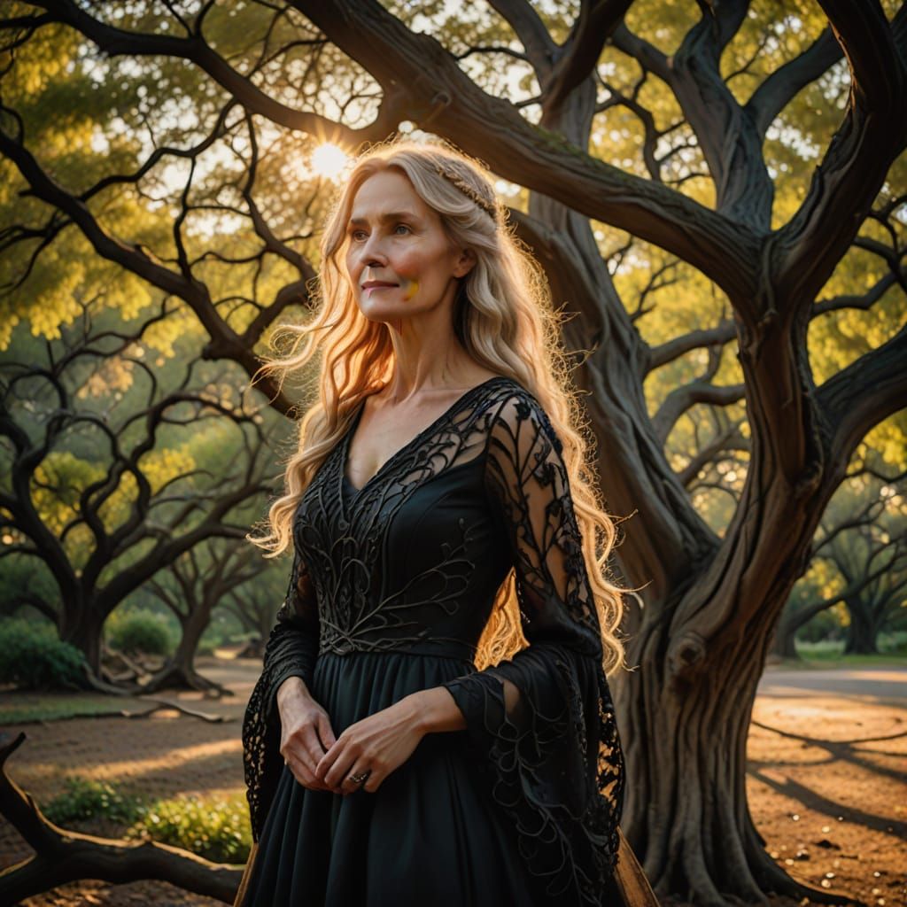Majestic Woman Basks in Soft, Golden Light of Ancient Tree