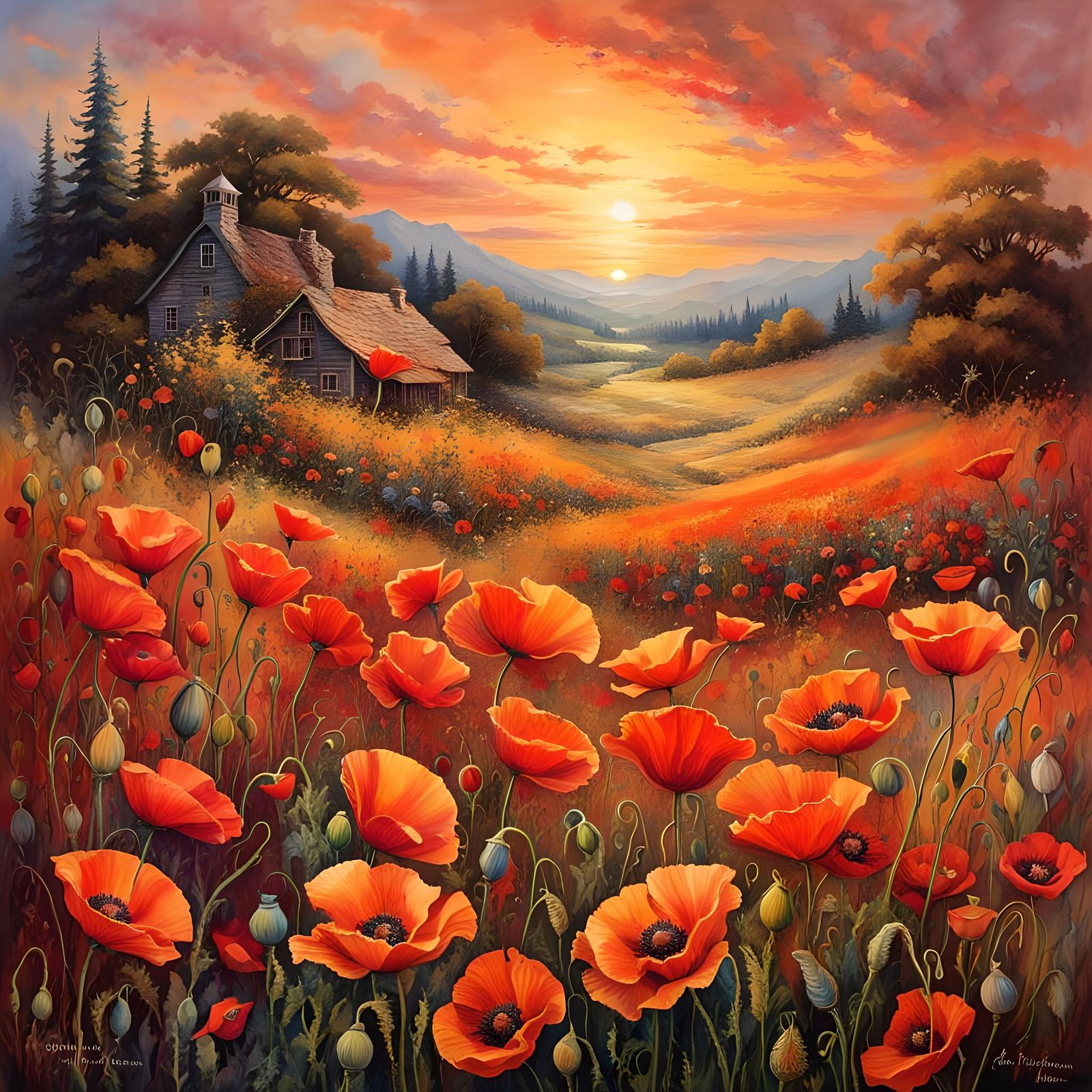 Vibrant Poppies Field in Watercolor and Ink