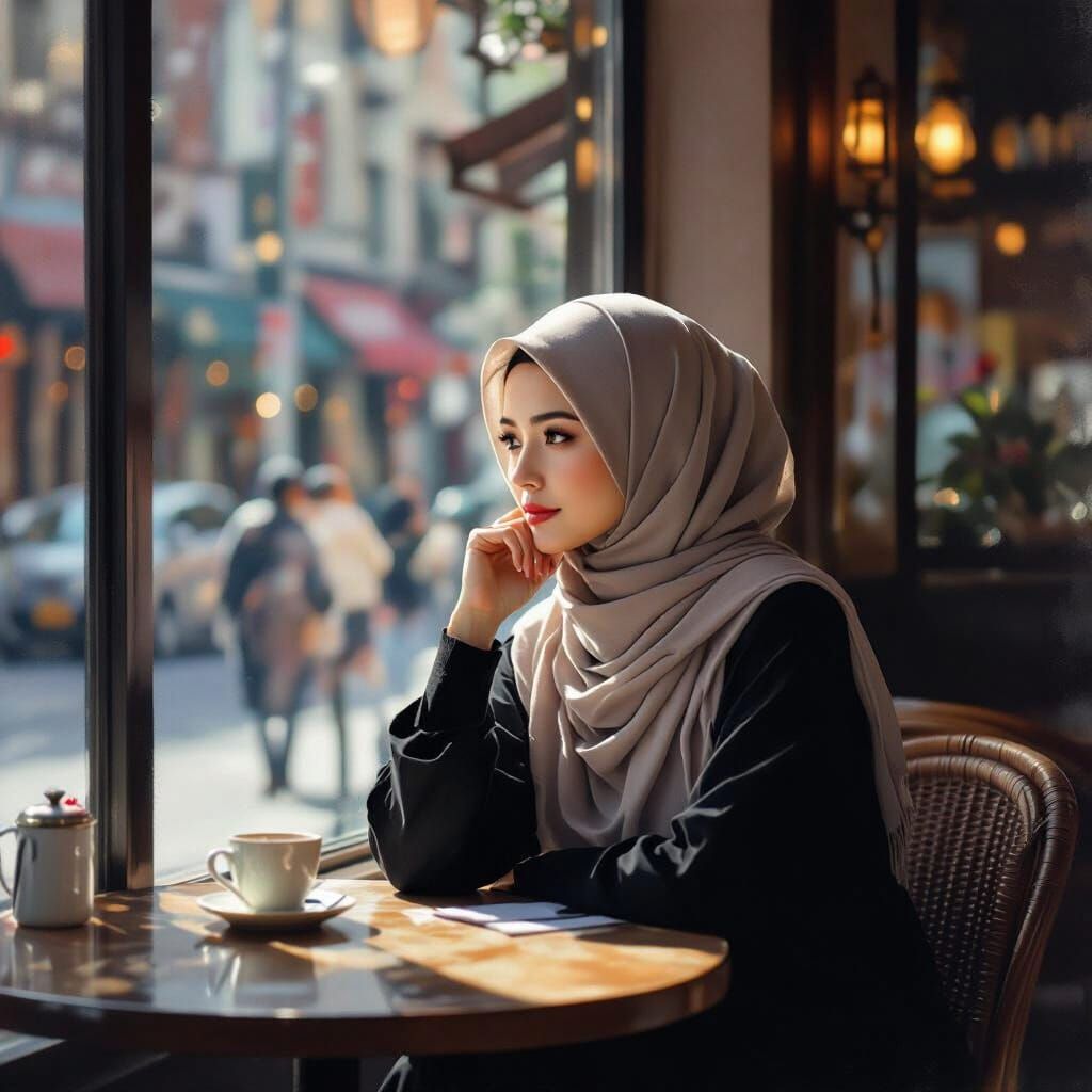 Serene Hijabi Woman at Cafe, Minimalist Oil Painting