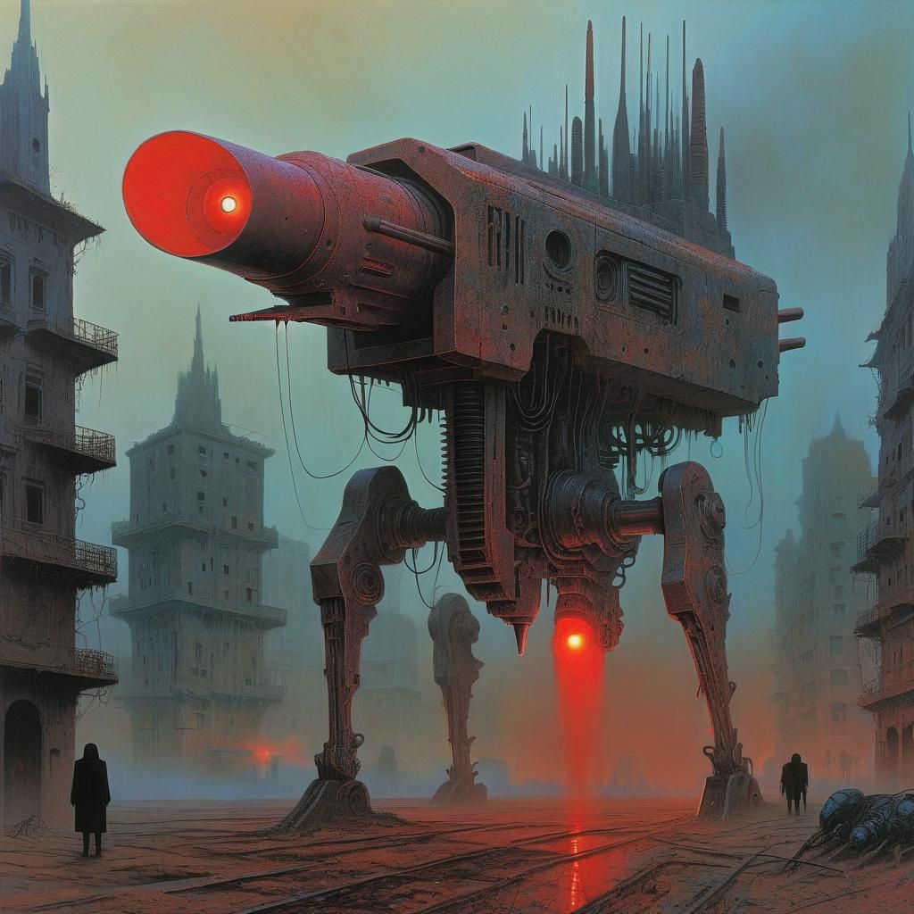 Dystopian Gothic Terminator with Raygun, Beksinski Style