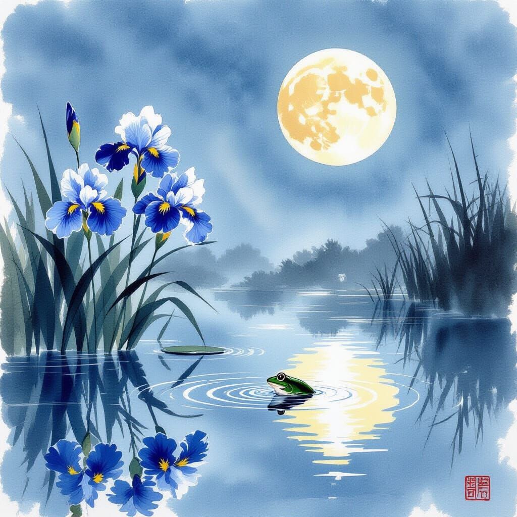 Blue Irises Bloom: Japanese Aesthetic Inksplash Painting