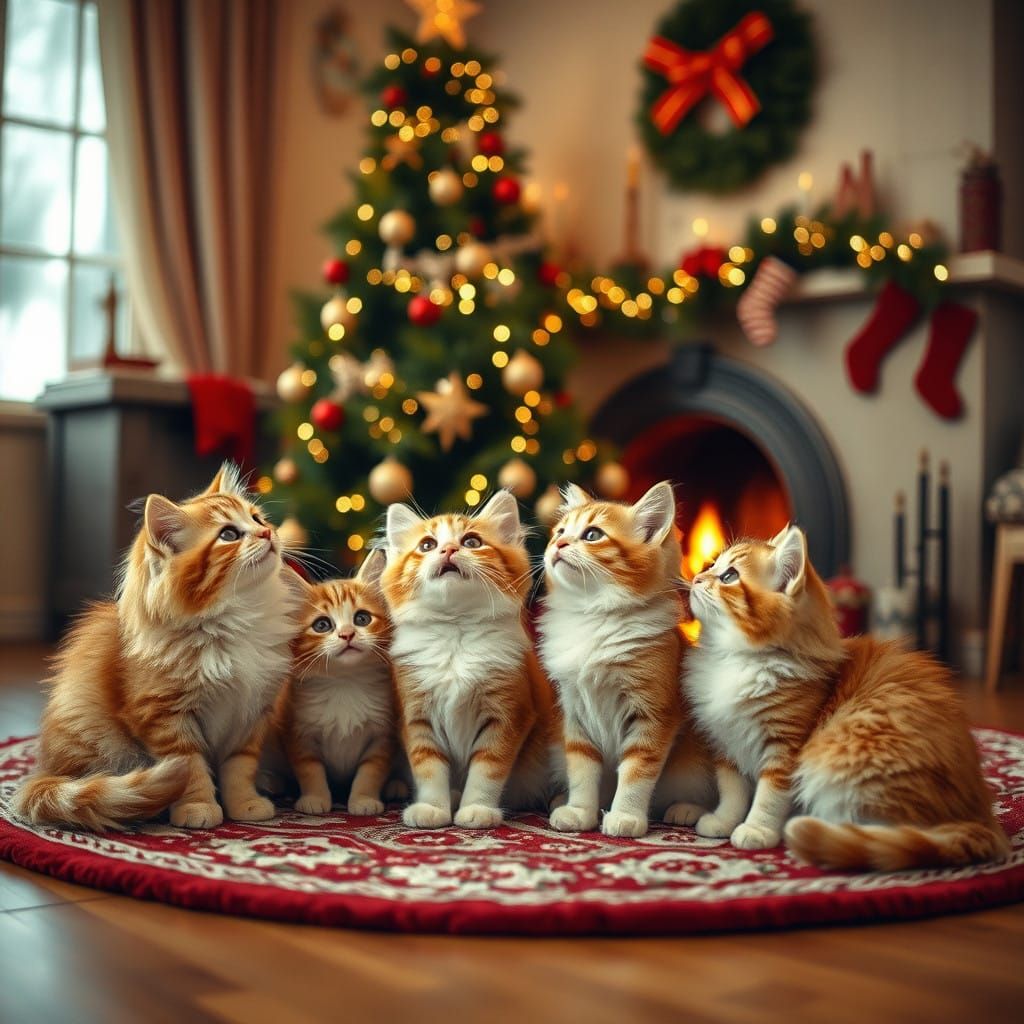 Cozy Family Portrait of Red and White Cats by the Christmas...
