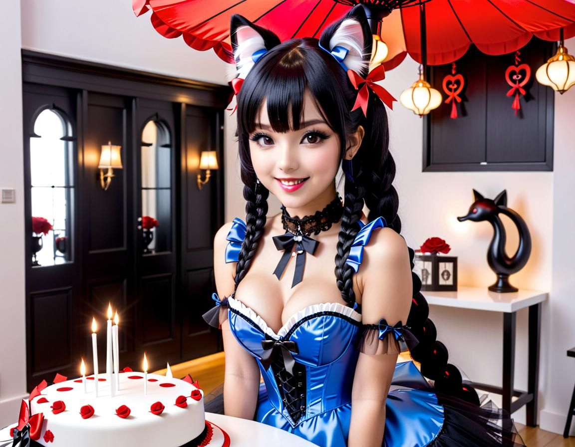 Cute Nekomimi Girl in Gothic Dress, Anime Style
