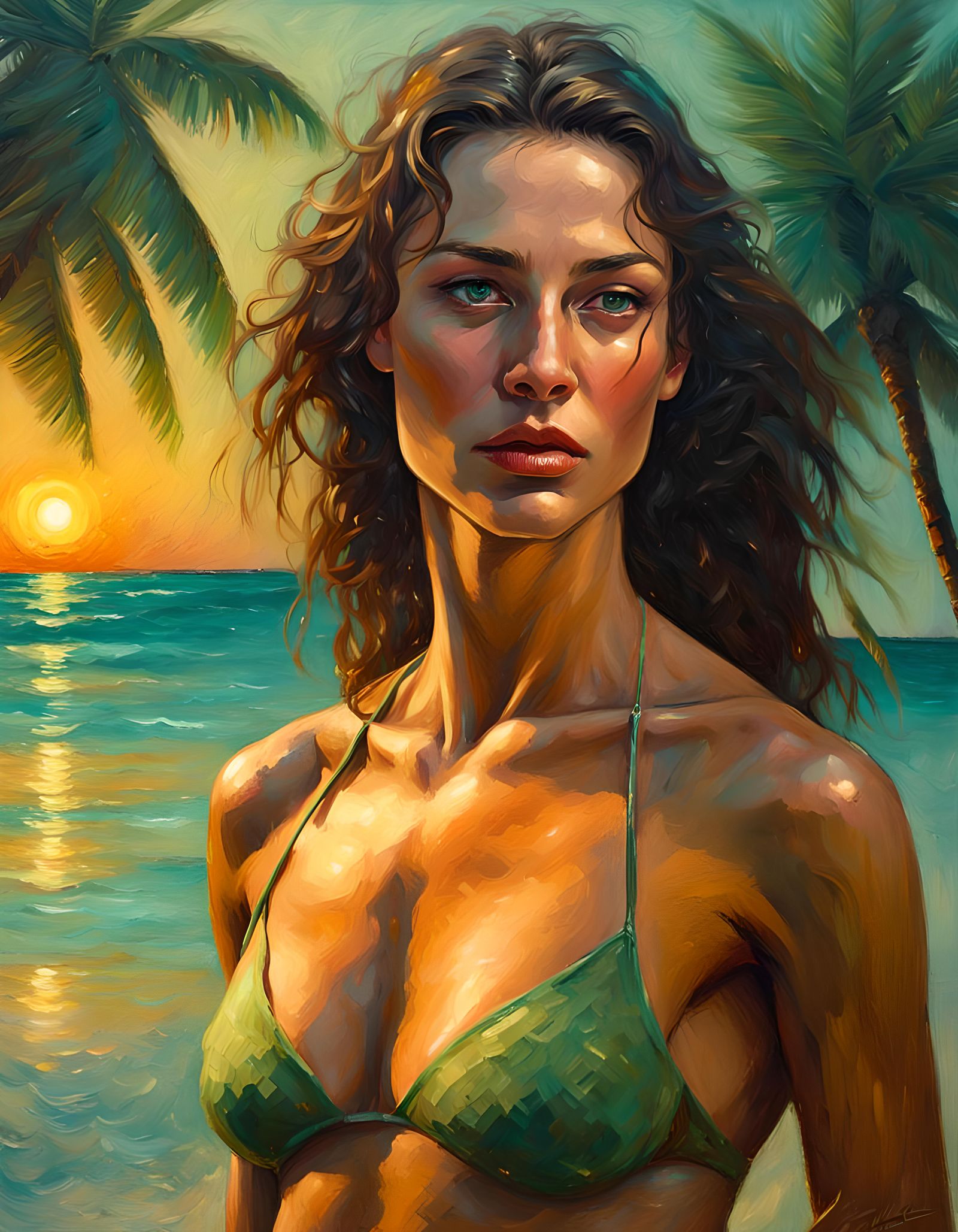 Brunette Woman on Tropical Beach at Sunset: Oil Painting