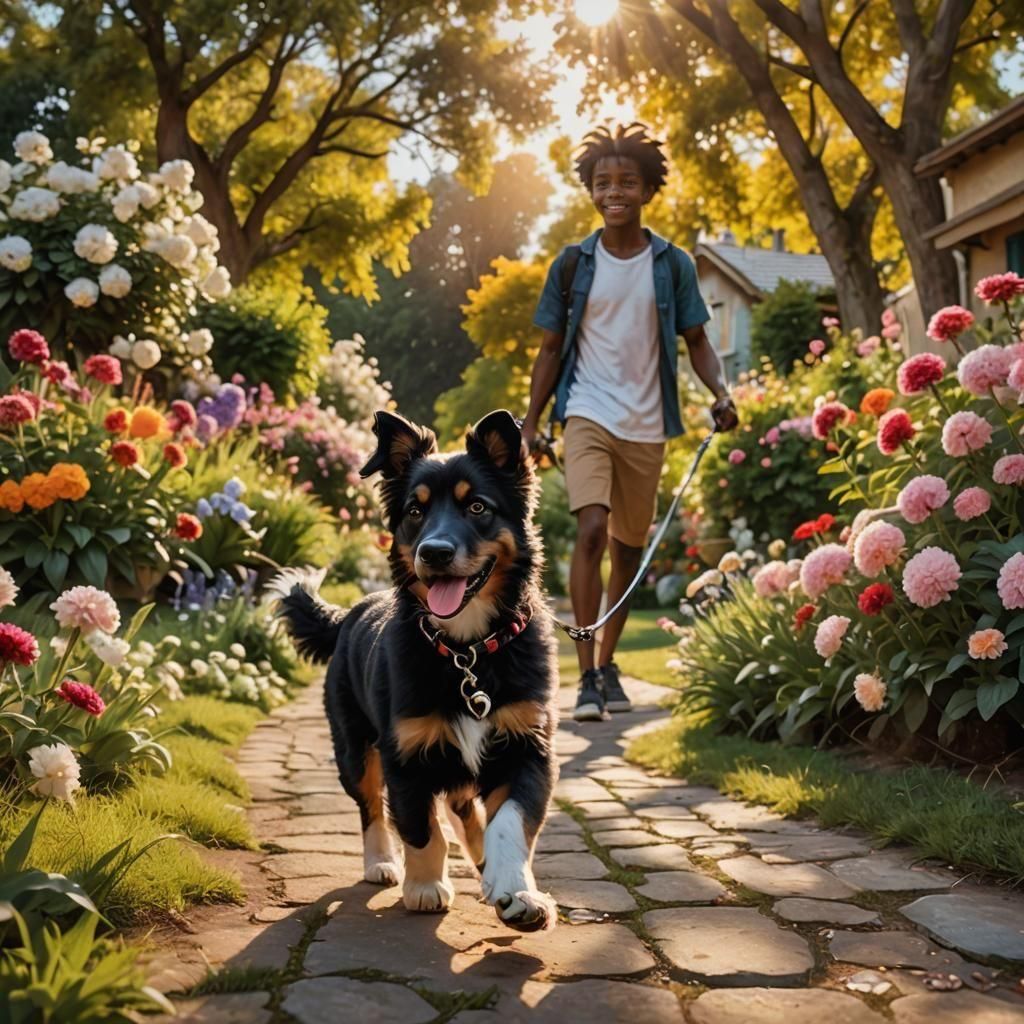 Joyful Boy and Puppy in Picturesque Garden