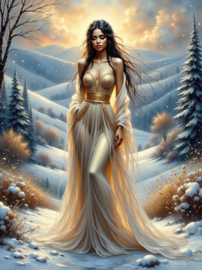 Elegant Woman in Gold Amidst Winter Snowscape