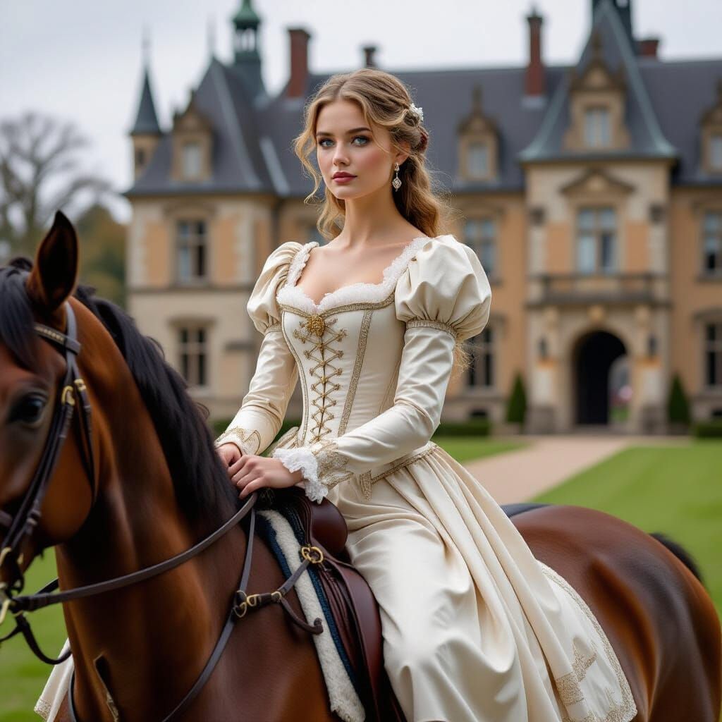 Woman in Noble Dress on Horse, Inspired by Klimt