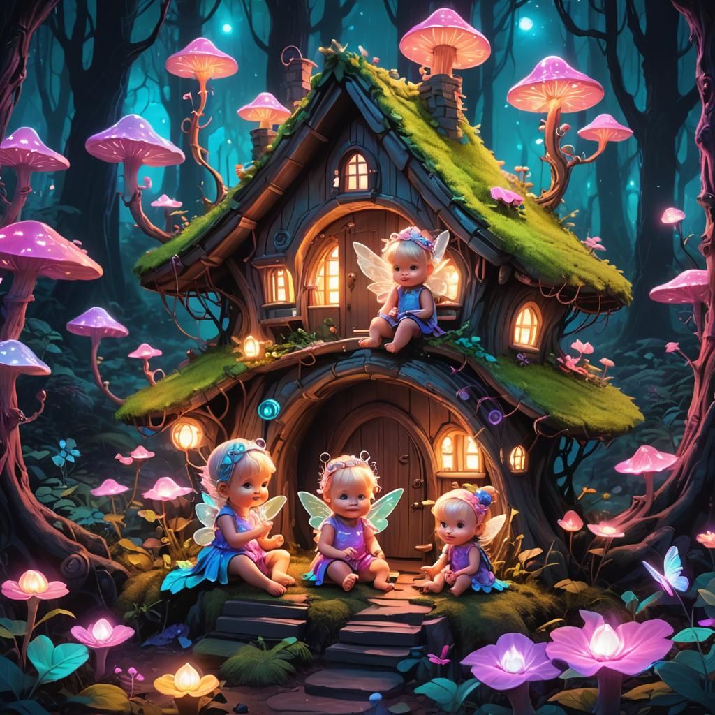 Fairy Babies in Bioluminescent Forest, Synthwave Style