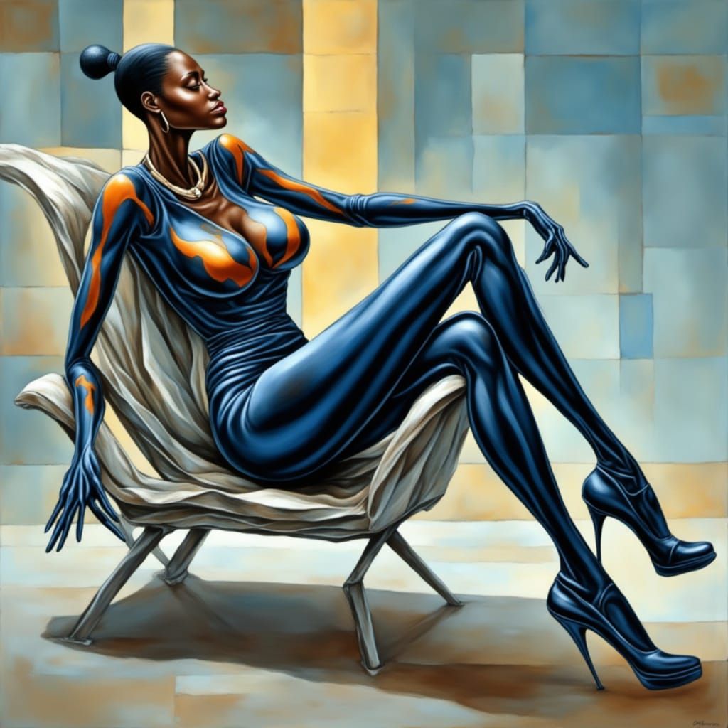 Futuristic Woman in Catsuit on Chaise Longue