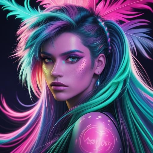 Neon Portrait of Man with Peacock Feathers in Synthwave Styl...