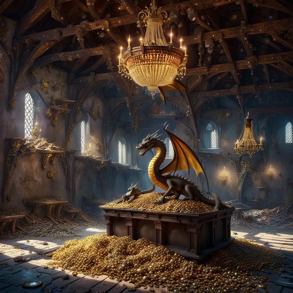 Dragon on Treasure Hoard in Derelict Hall