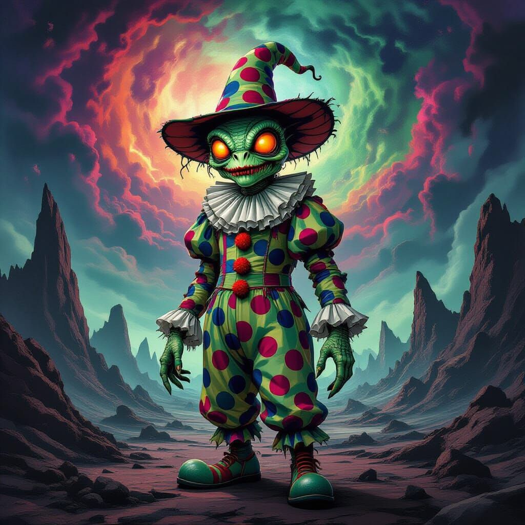 Grotesque Reptilian Clown Alien in Cosmic Horror Style