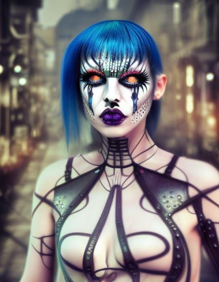 Punk Cyborg Girl with Kiss Makeup in Cyberpunk Style