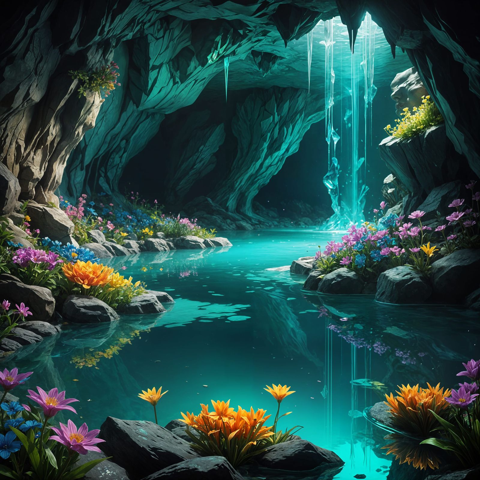 Crystal Cave with Aqua Pool and Neon Flowers