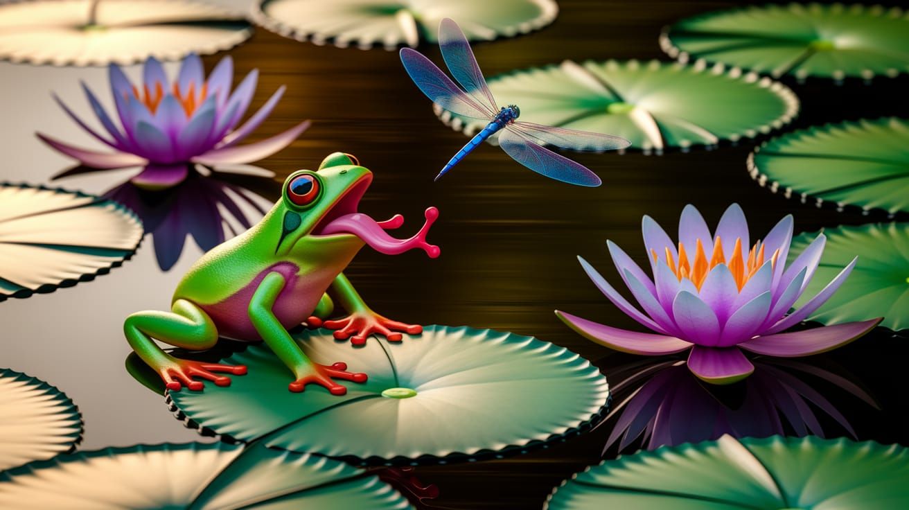 Frog Captures Dragonfly in Alcohol Ink Style