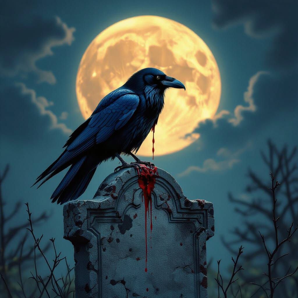 Raven Perched on Headstone Under Blood Moon