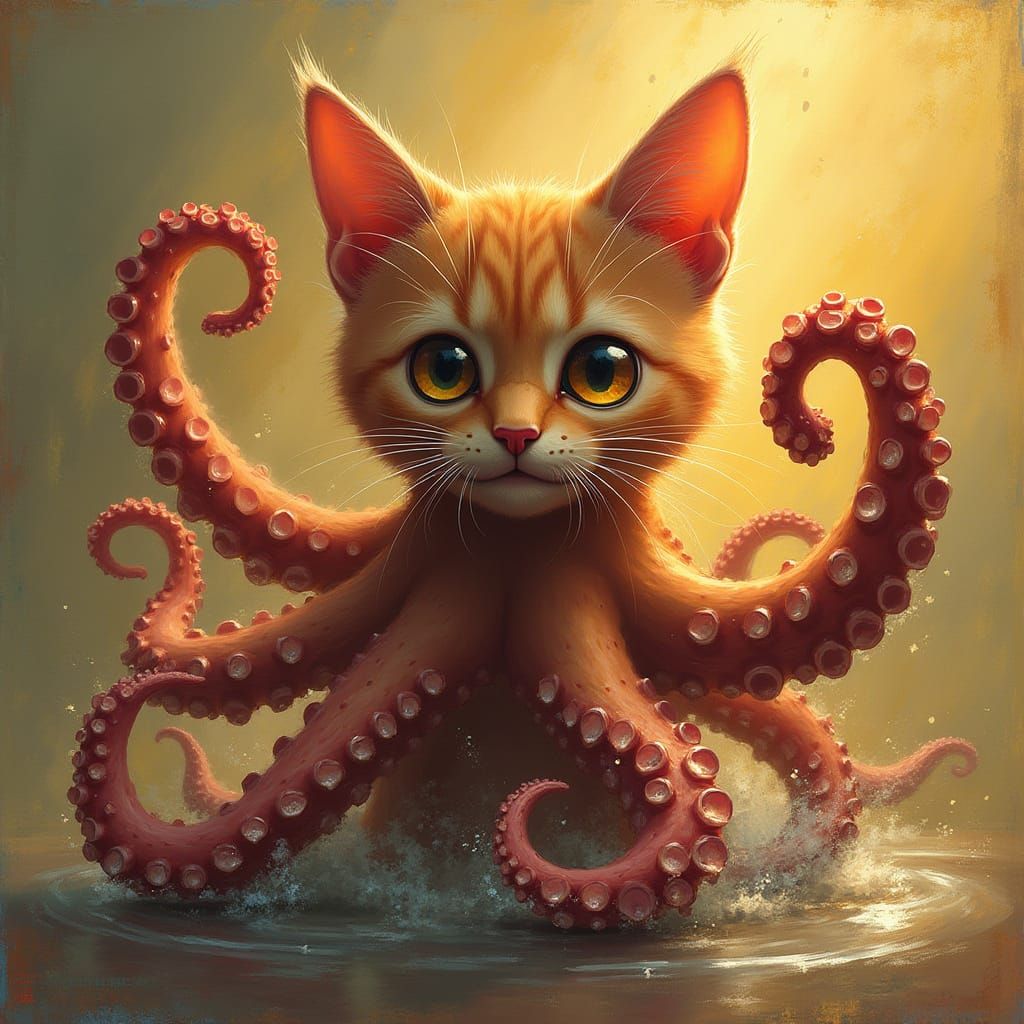 Surreal Feline-Octopus in Golden Impressionist Light