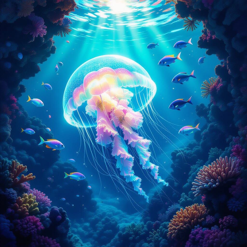 Bioluminescent Jellyfish Drifting Through Alien Coral Reef