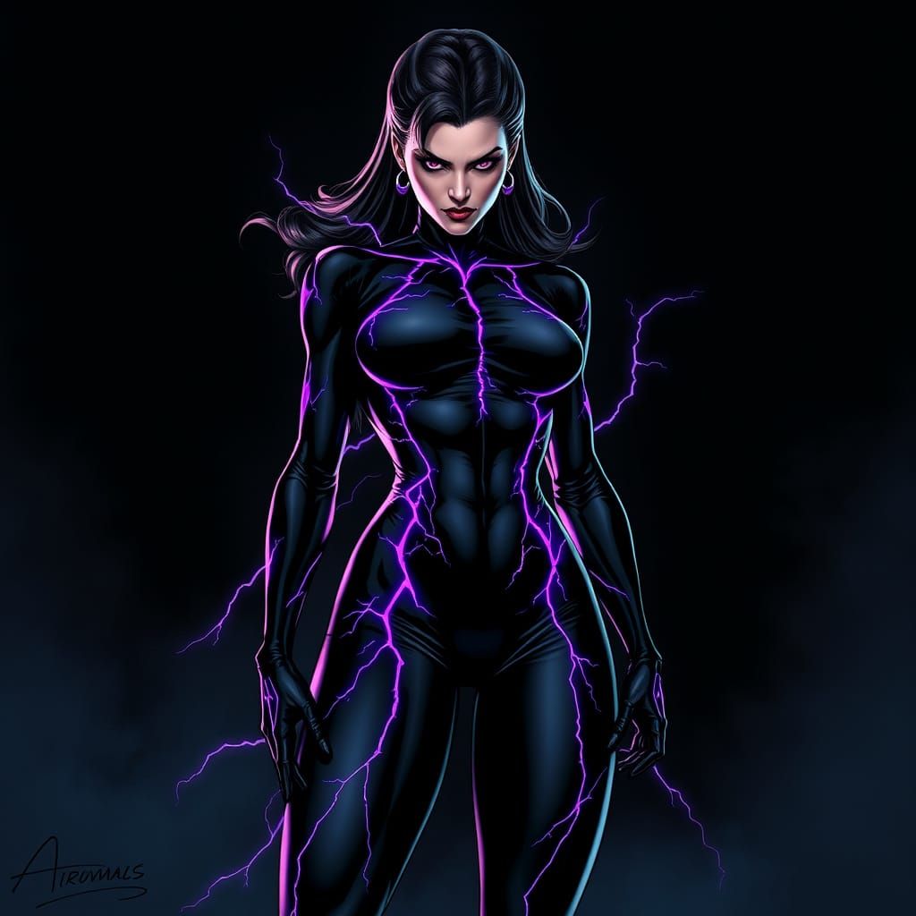 Sleek Female Villain in Dark Spandex Suit with Lightning Emb...