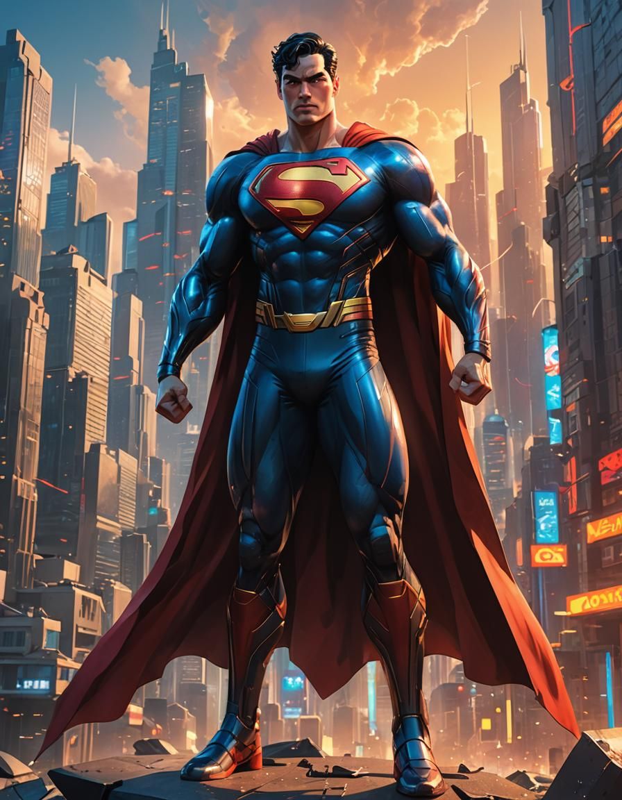 Heroic Superman in Futuristic Cityscape: 3D Anime Art