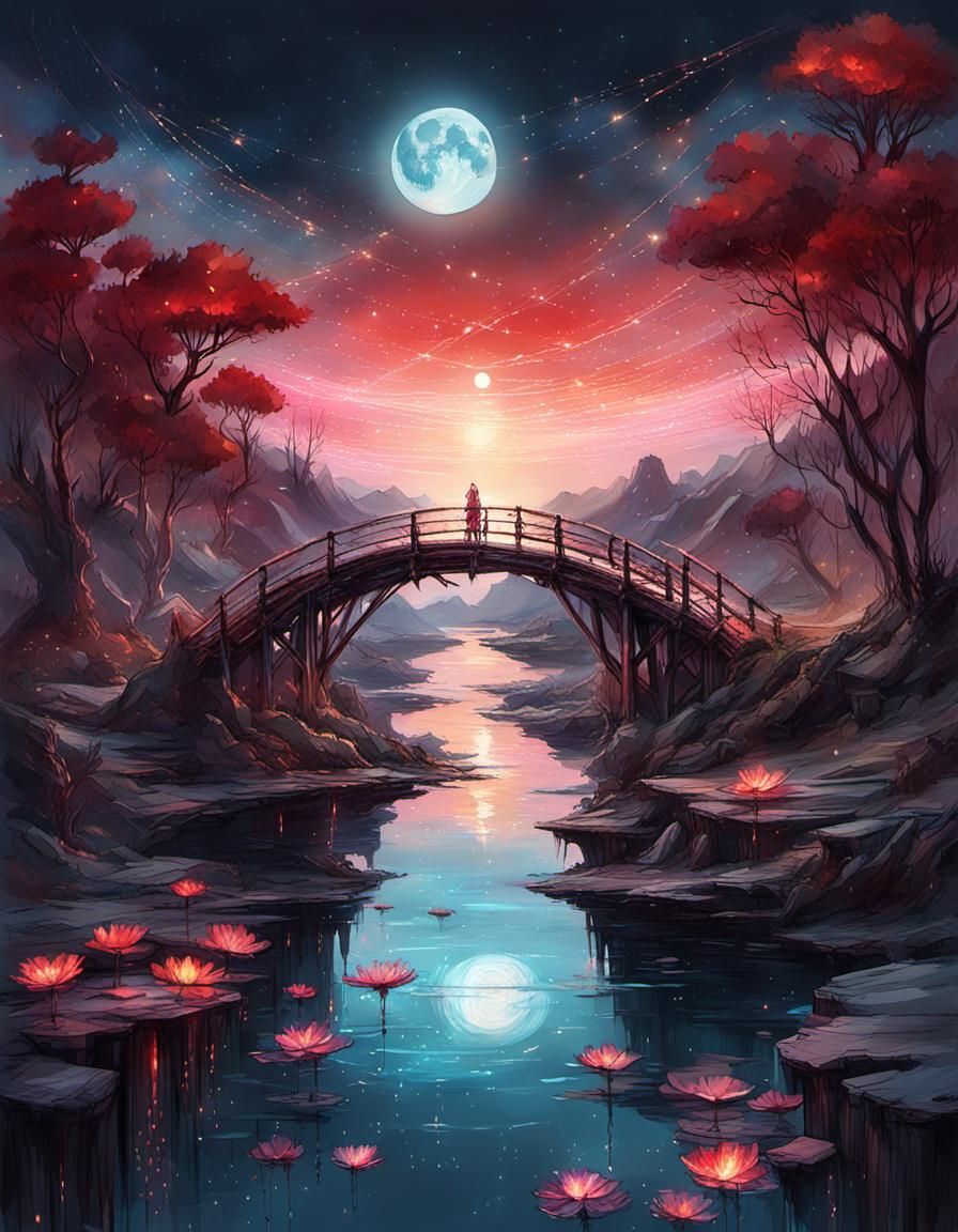 Magical Bridge Over Crystal River in Fantasycore Style