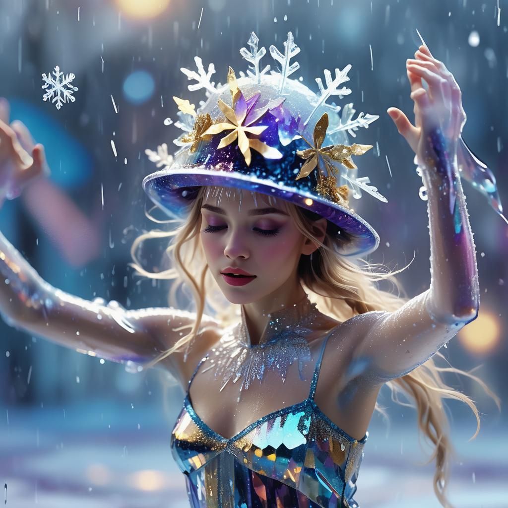 Dancer in Crystal Hat Dancing on Snowflakes