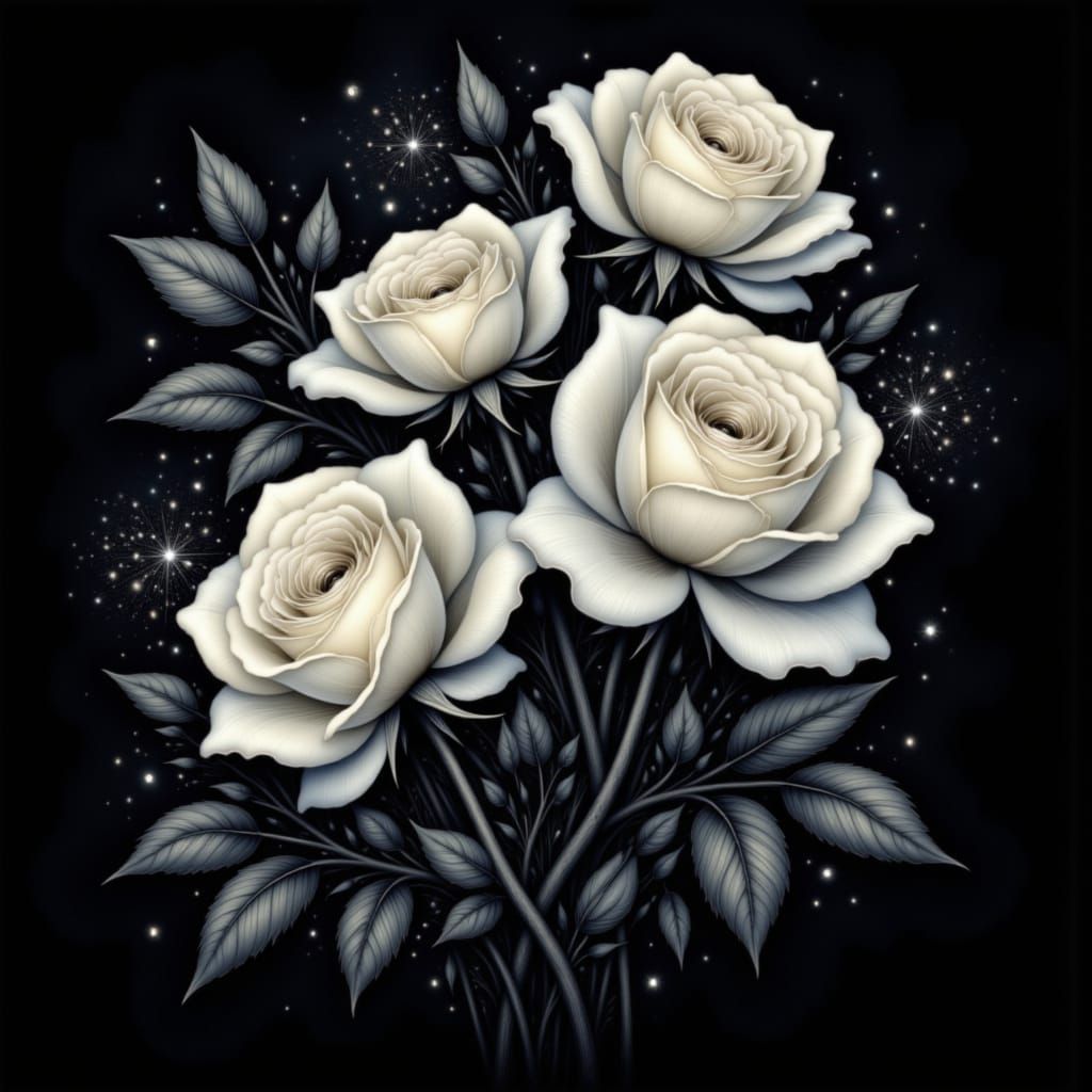 Ethereal Radiance of White Roses in Dark Fantasy