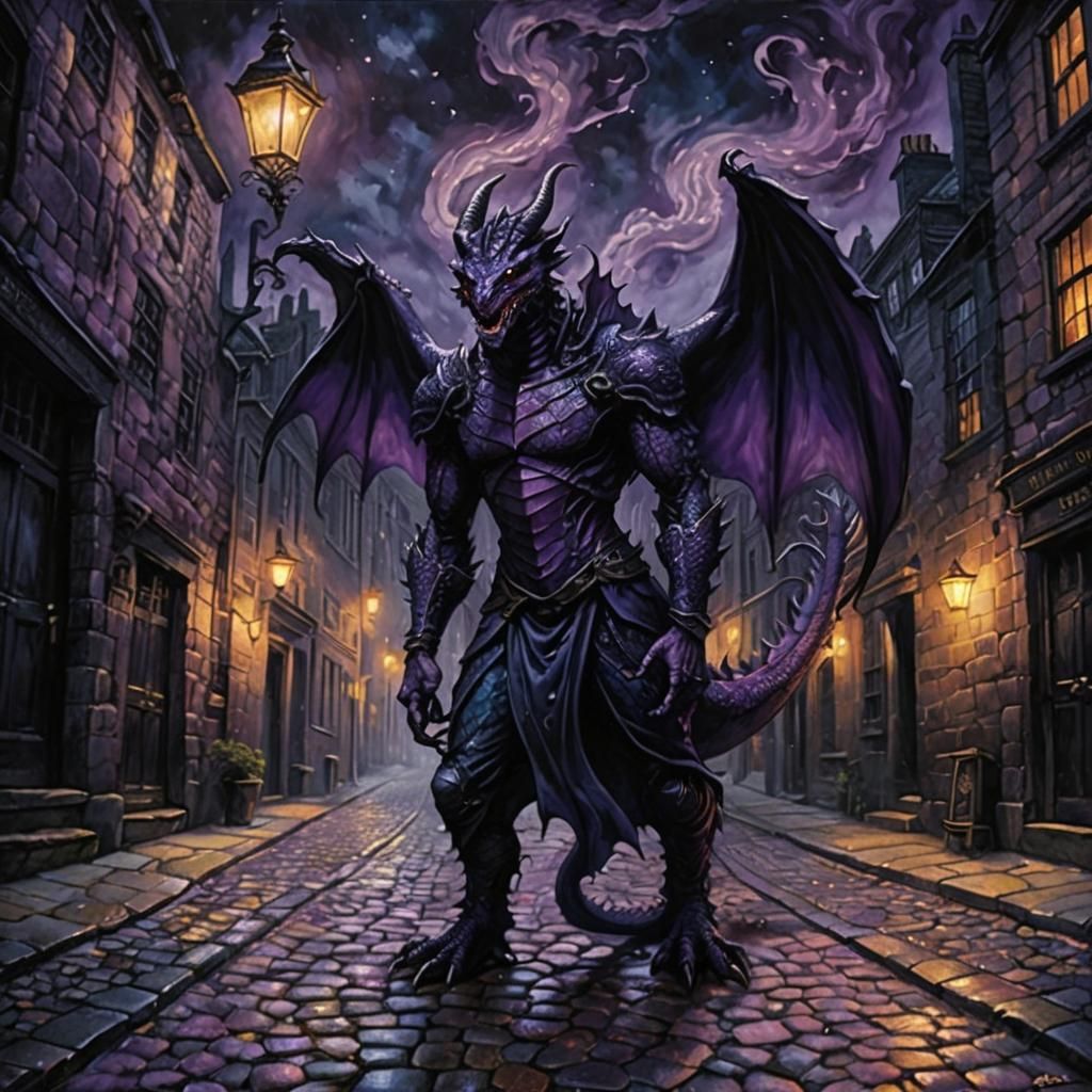 Purple Dragon-Man Hybrid in Dark Victorian Alley