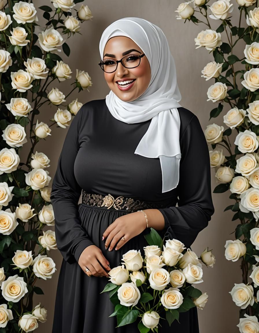 Hyperreal Close-Up of Laughing Woman with White Roses