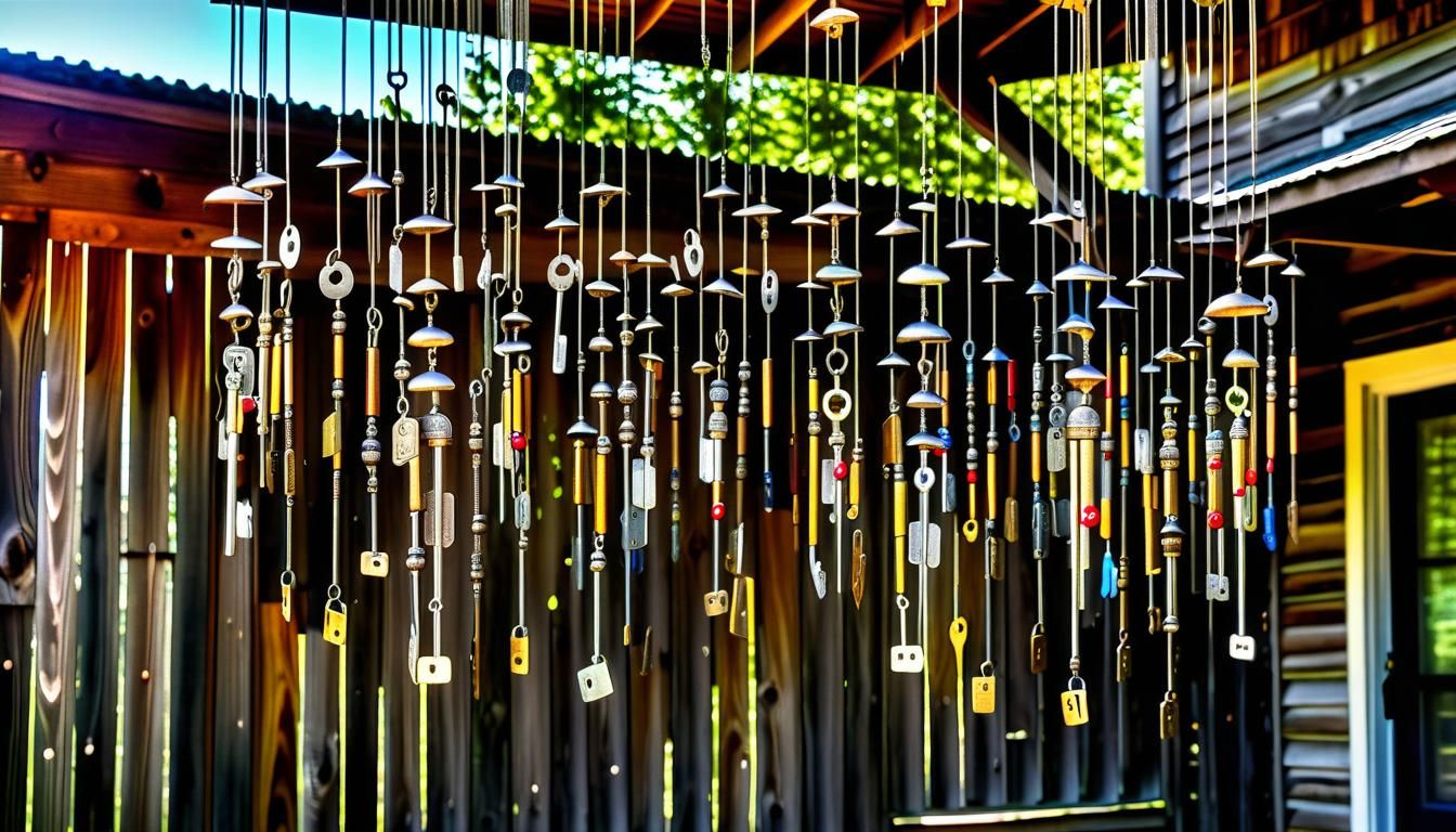 Key Wind Chimes on Cabin Porch, Hyperrealistic HDR