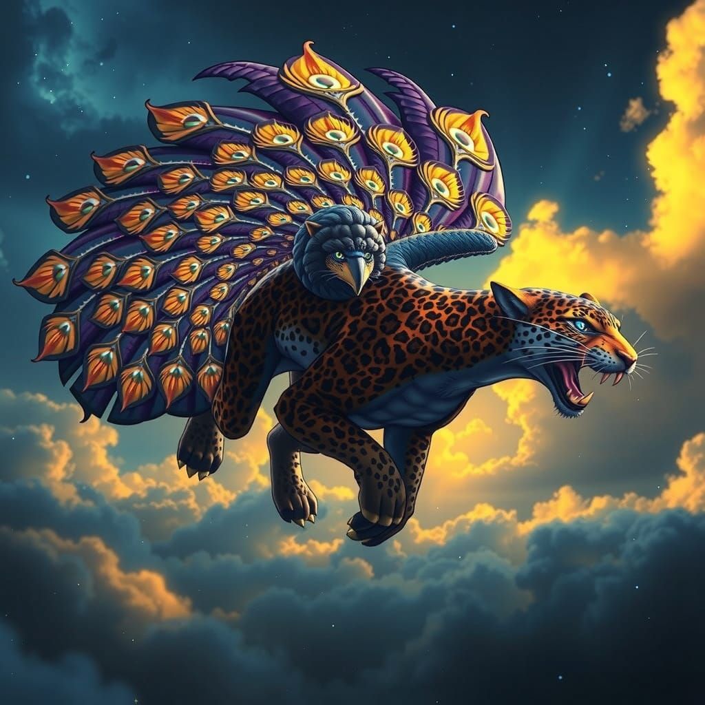 Dark Fantasy Leopard-Peacock Hybrid Takes Flight in Dusk-Lit...