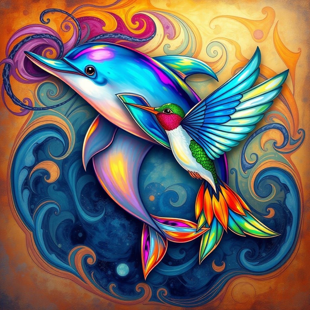 Whimsical Dolphin Transforms into Hummingbird in Vibrant, Ir...