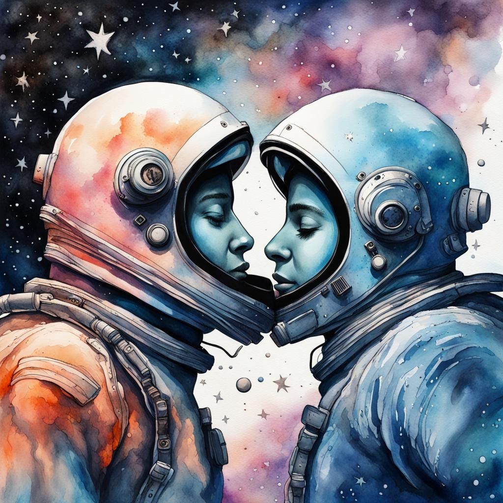 Astronauts' Kiss in Space, Watercolor Abstract