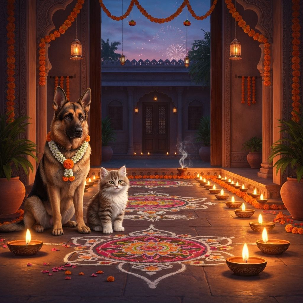 Diwali Celebration: Dog, Kitten, and Glowing Lamps