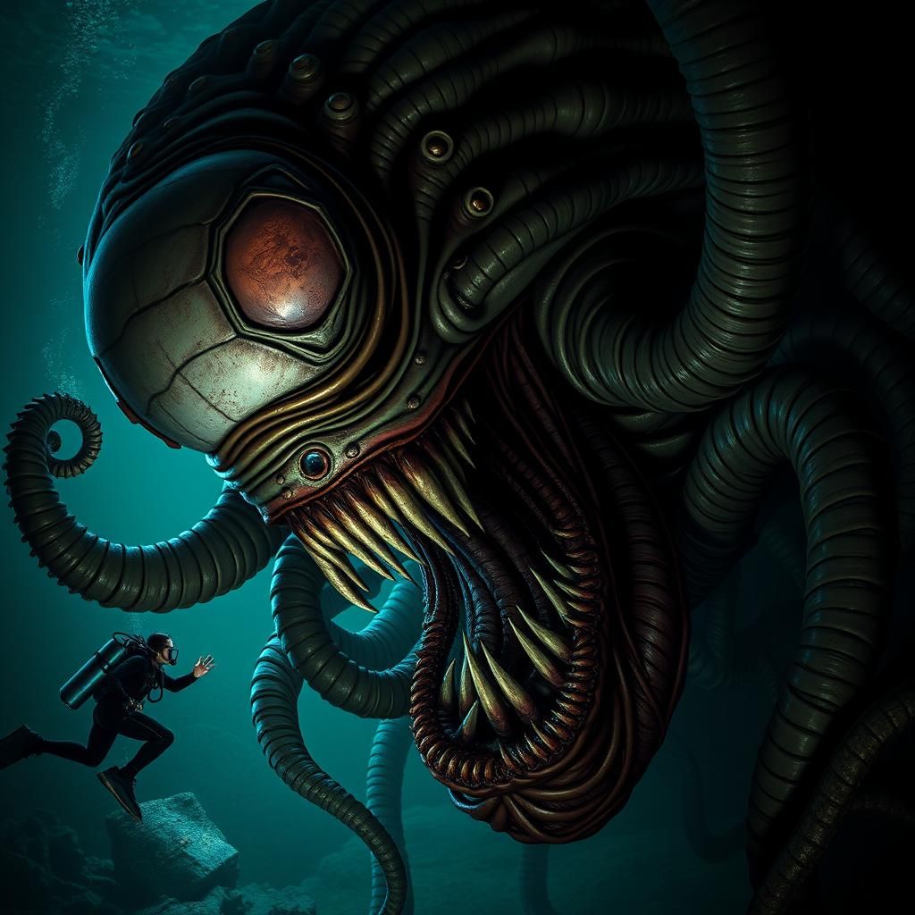 Eldritch Horror Attacks Diver in Dark Abyss